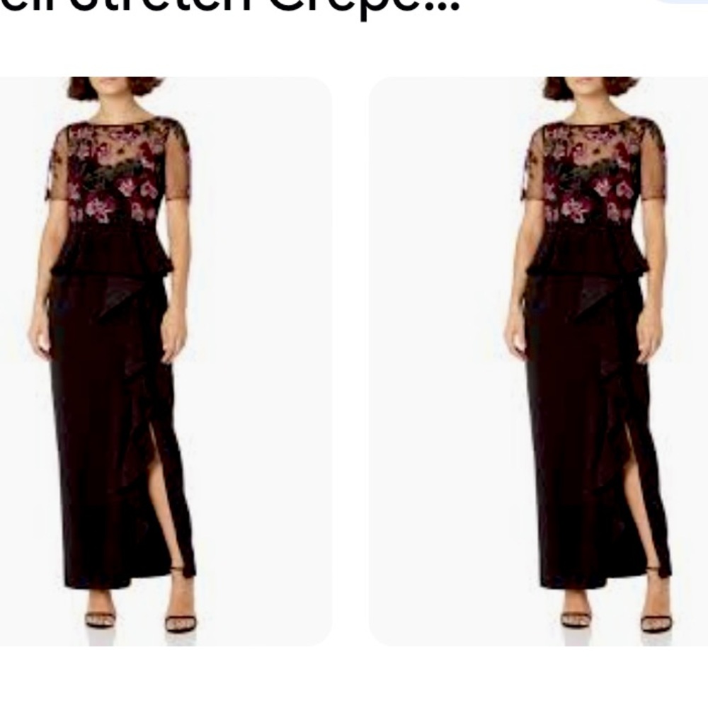 ADRIANNA PAPELL BLACK BEADED EMBROIDERED FLORAL LACE RUFFAL PEPLUM GOWN SZ 8
